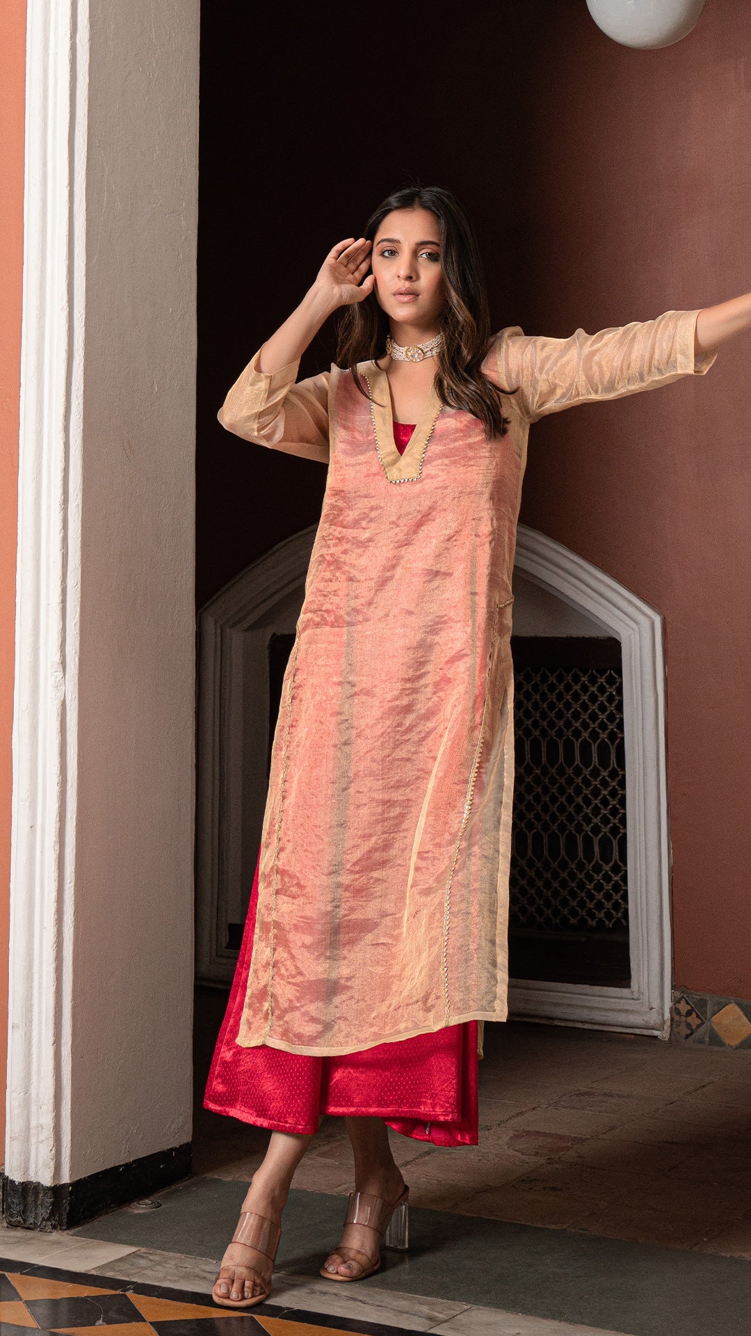 Gulal - Golden/Rani Pink Pure Tissue Layered Dress