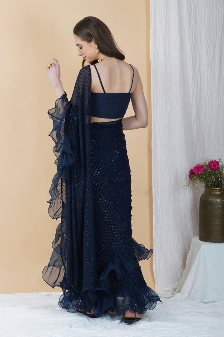 Navy Blue Ruffled Pre-Stitched Saree