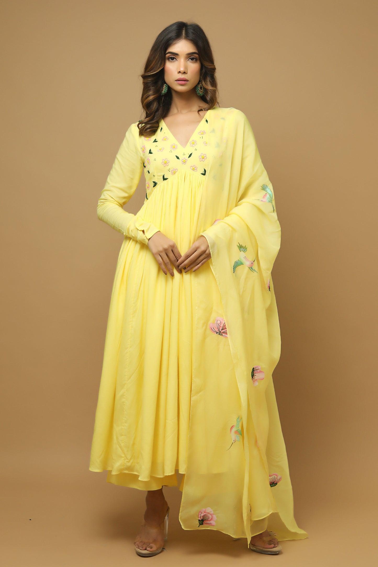 Yellow Anarkali Suit With Hand Painted Dupatta (Set Of 3)