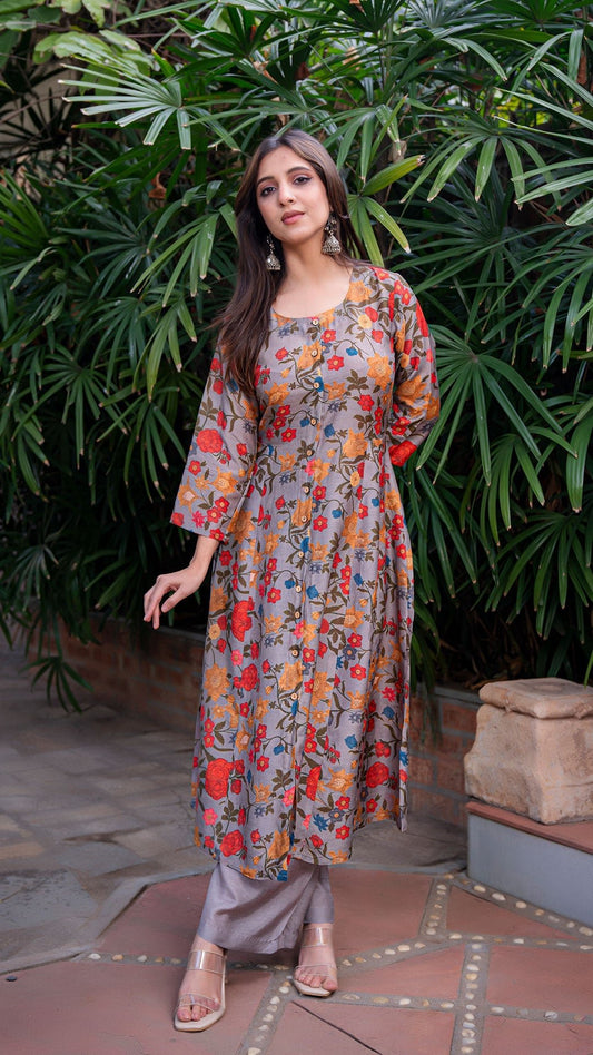 Aadya Floral Jaal Silk Kurta + Pants - Grey