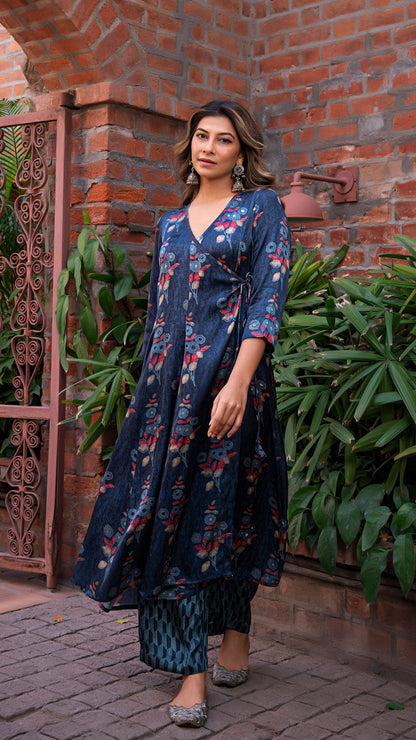 Mughal Flora Double Kali Flared Angarakha Silk Kurta - Blue