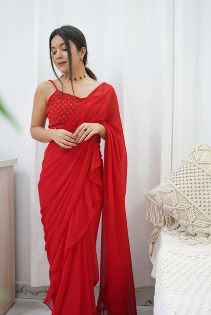 Scarlet Red Pre-Stitched Saree