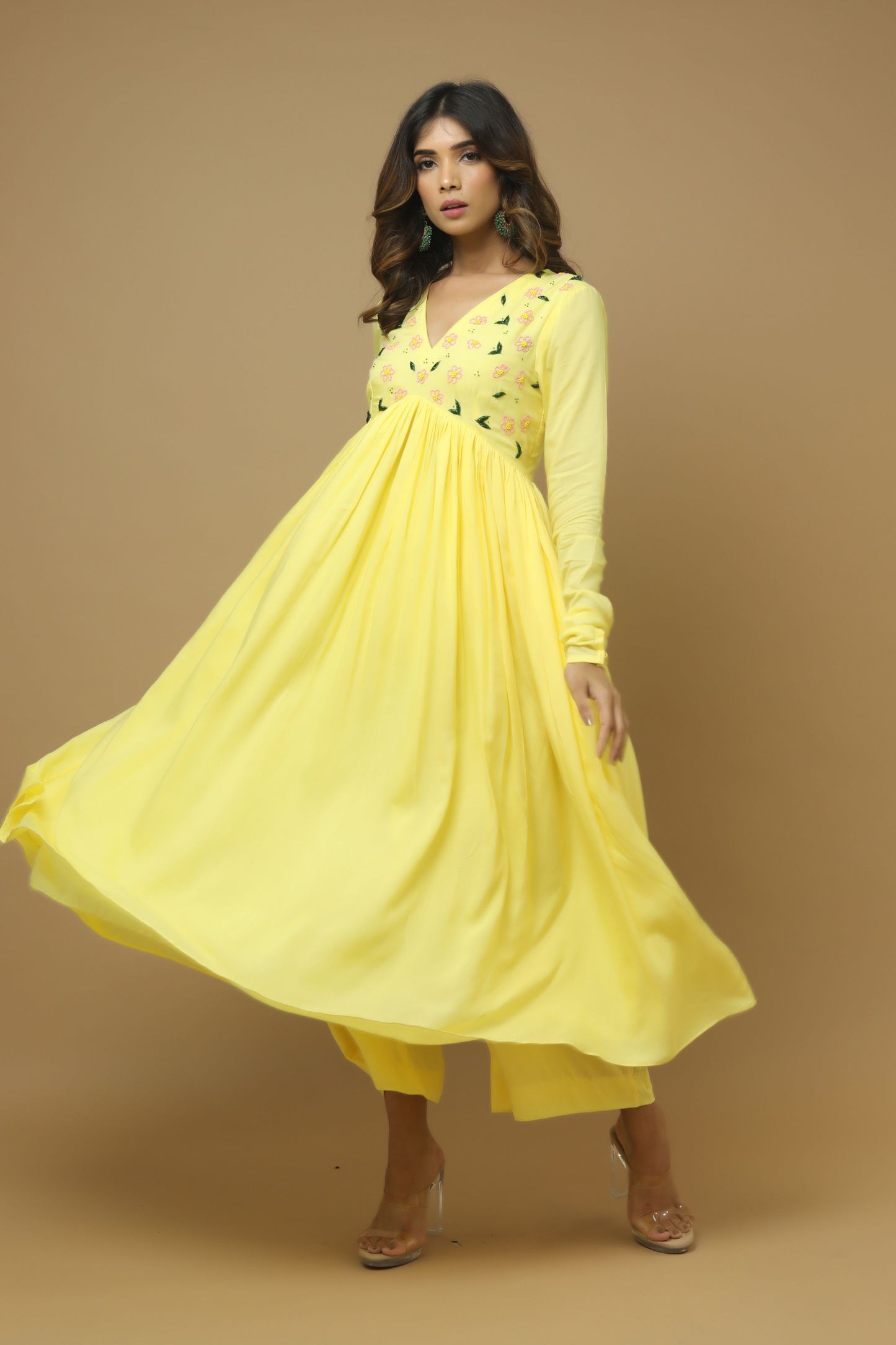 Yellow Anarkali Suit With Hand Painted Dupatta (Set Of 3)