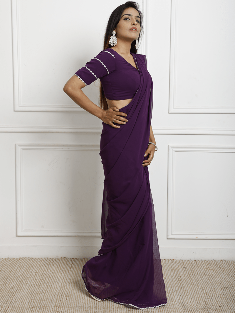 Purple Georgette pre stitched saree with blouse