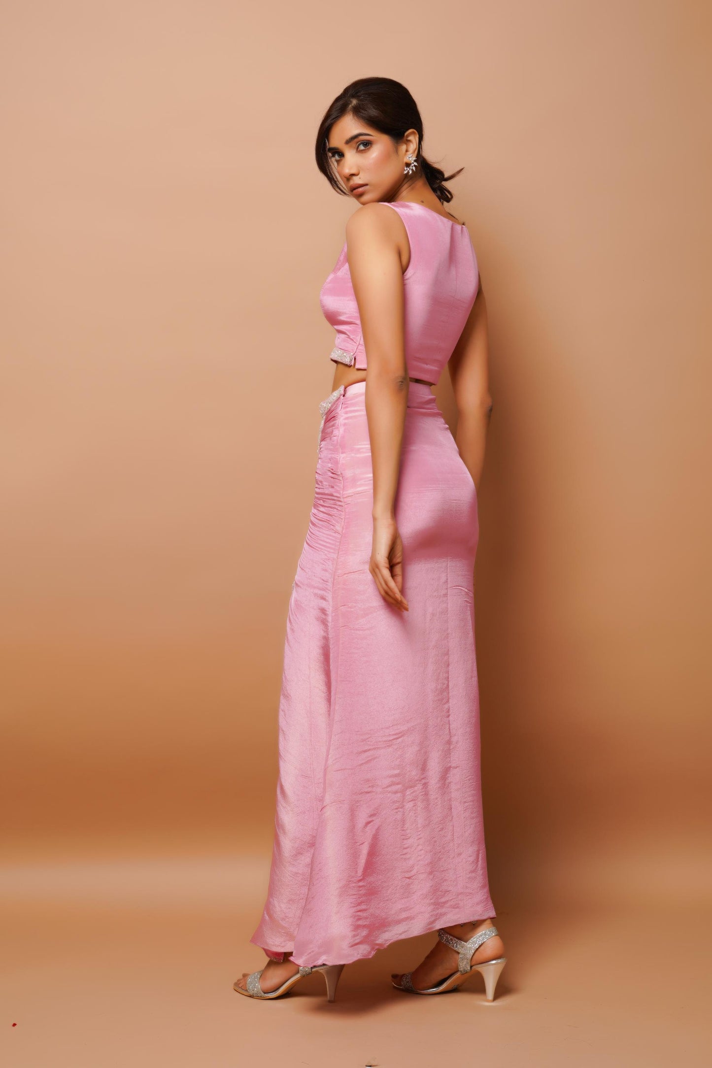 Pink Shimmer Draped Skirt Set (Set Of 3)