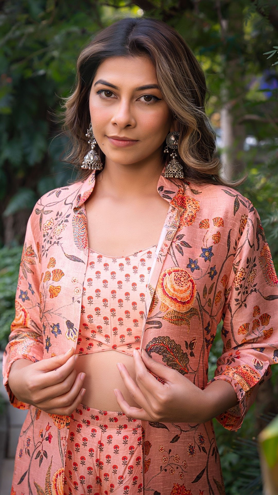 Antara Floral Jaal Jacket In Silk With Small Butti Silk Pants & Crop Top - Peach