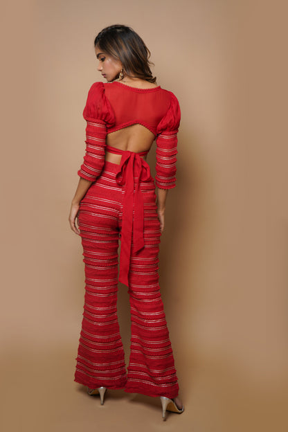 Hot Red Indo Western Set (Set Of 3)