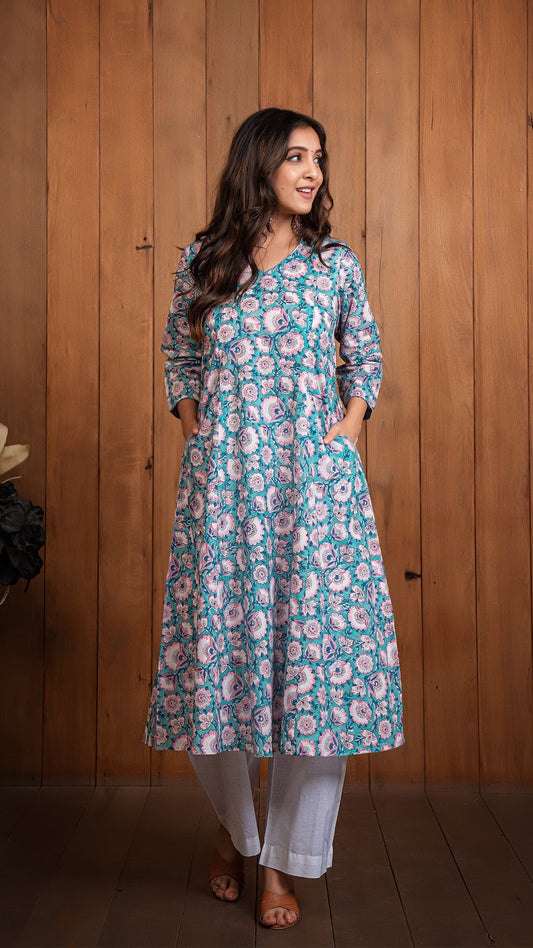 Aditi Sanganeri Kali Cotton Kurta - Blue/Pink