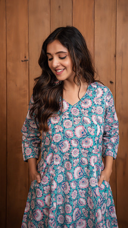 Aditi Sanganeri Kali Cotton Kurta - Blue/Pink