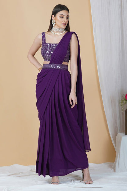 Plush purple Saree with an embellished belt