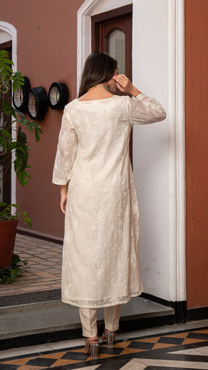 Zoya - Pristine White Self Embroidered Kurta Set In Chanderi Silk