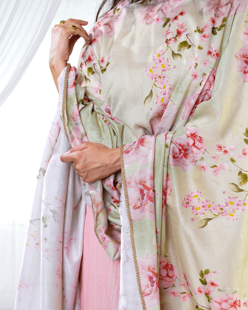 Peach Pleat Suit with olive pink Floral Dupatta