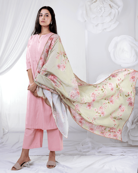 Peach Pleat Suit with olive pink Floral Dupatta