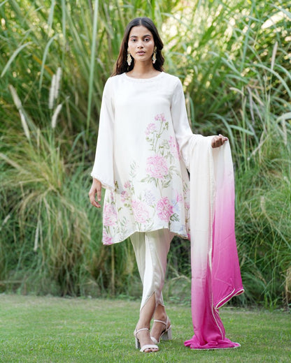 Printed off white kurta and dhoti with hand embroidered neck line and sleeves with ombre dupatta