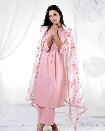Peach Pleat Suit with Pristine and Pink Floral Dupatta