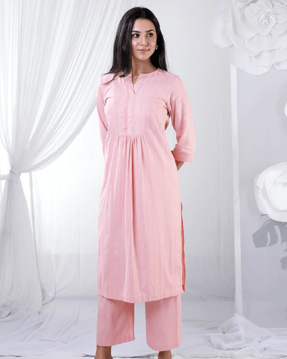 Peach Pleat Suit with Pristine and Pink Floral Dupatta
