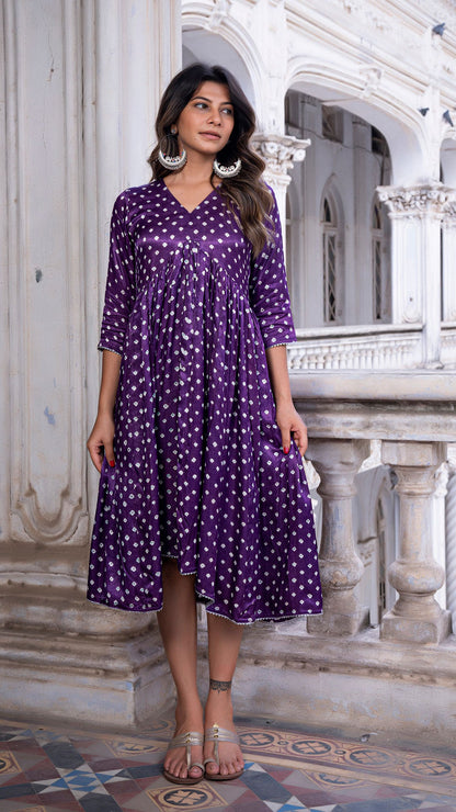 Bandhani Silk Dress in Purple