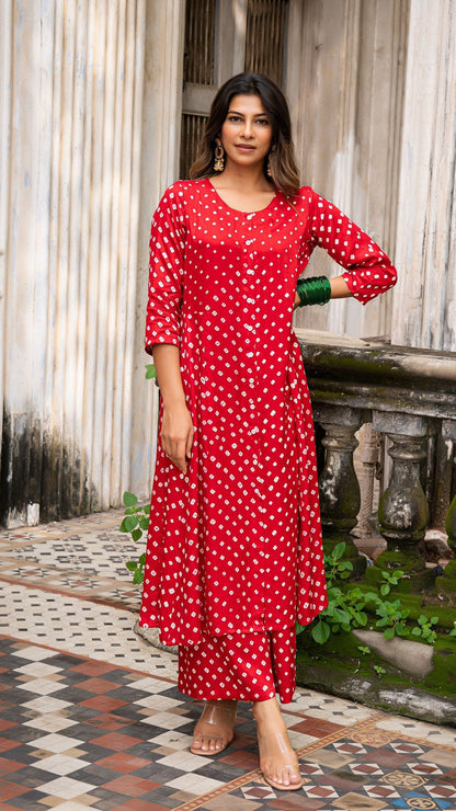 Bandhani Kurta Set In Silk - Red