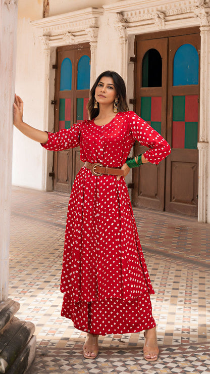 Bandhani Kurta Set In Silk - Red