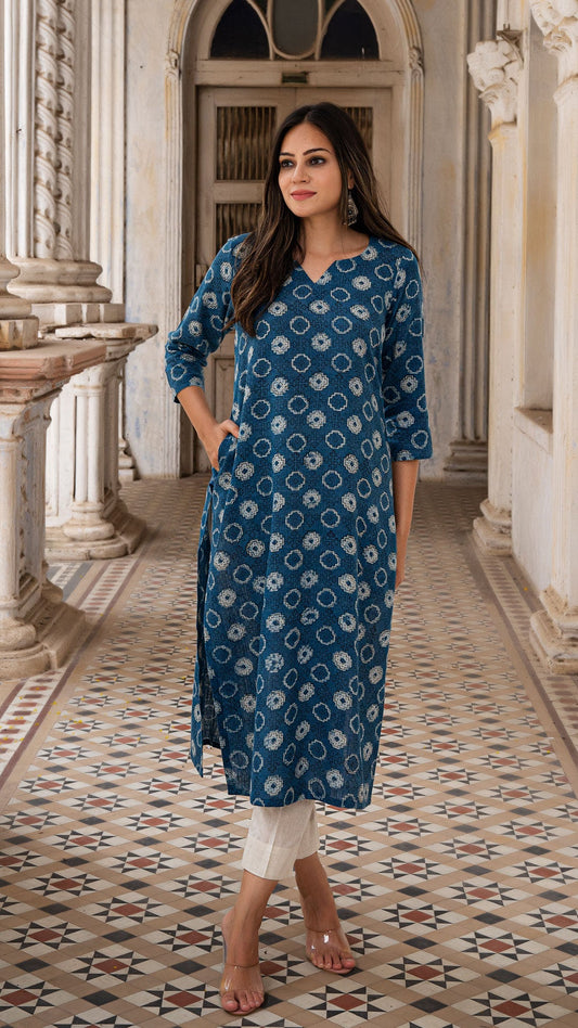 Aaina Indigo Hand Blocked Cotton Linen Kurta