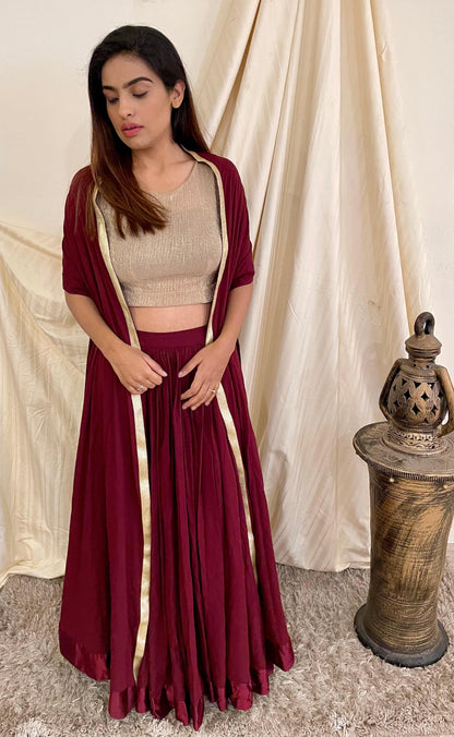 Maroon Skirt Crop Top and Cape Set