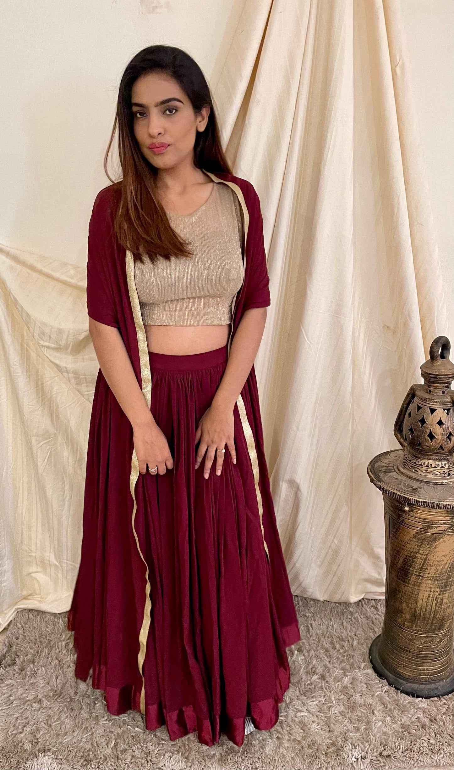 Maroon Skirt Crop Top and Cape Set