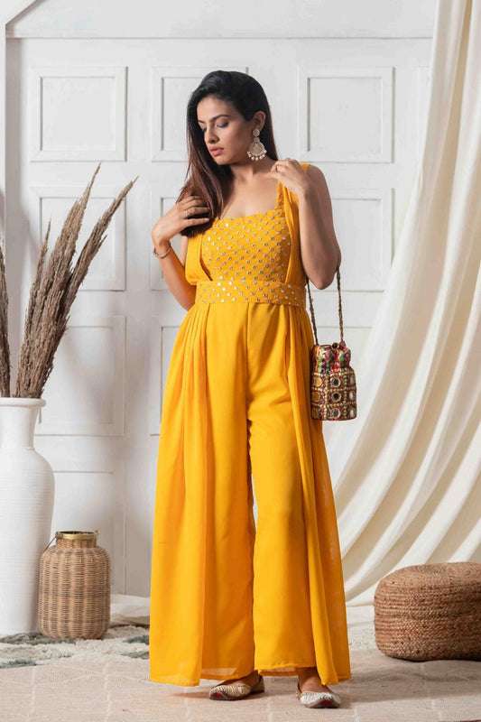 Sunshine Yellow and Golden Indo-western Jumpsuit