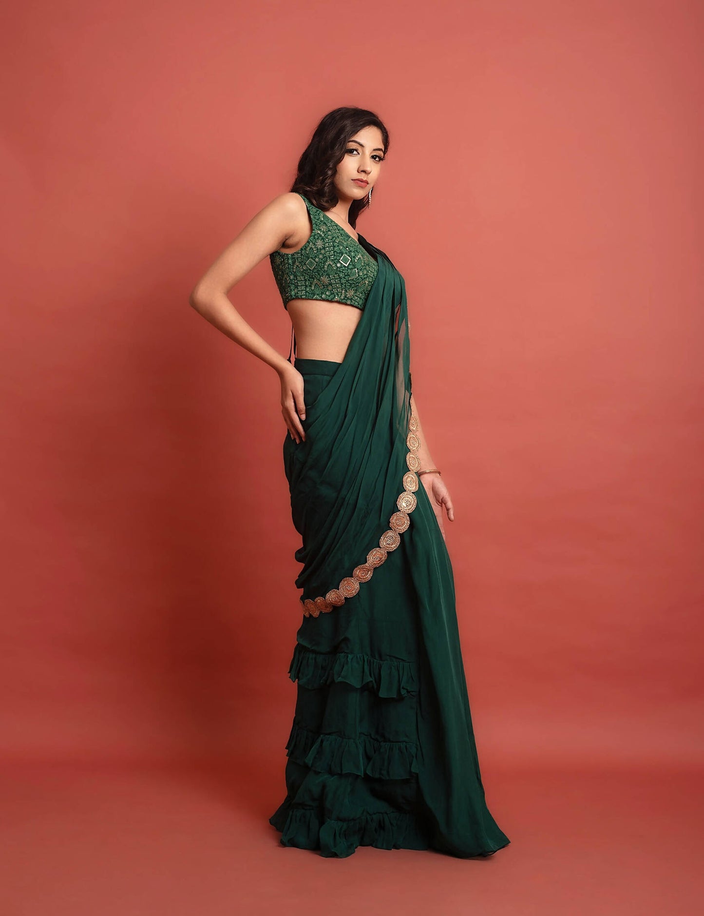 Green Embroidered Ready to Wear Saree