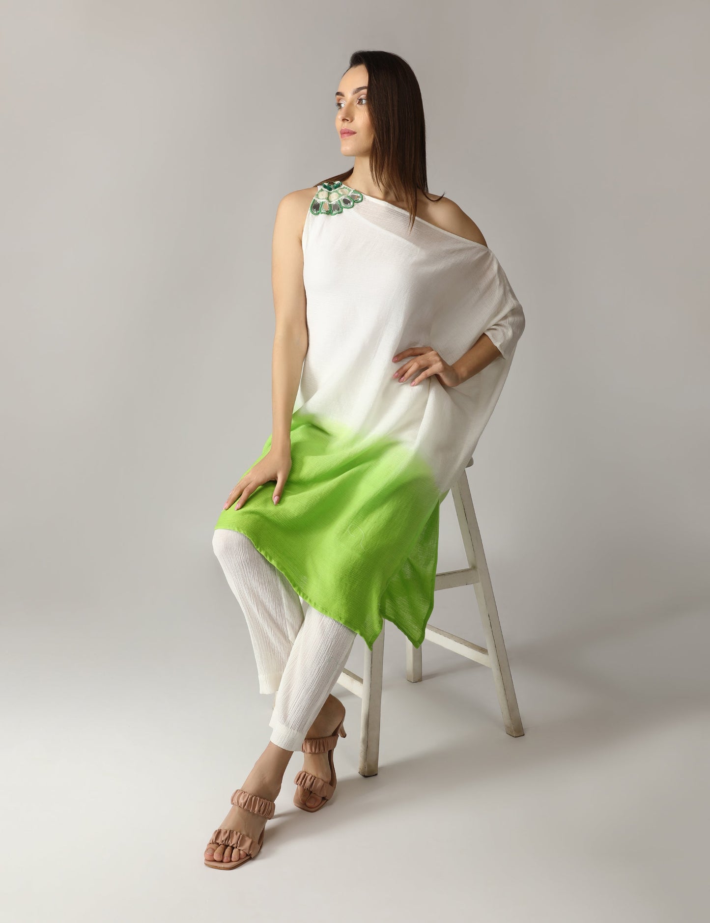 Tribara Lime Green Shoulder Tunic With Pants