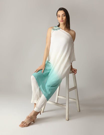 Tribara Turquoise Shoulder Tunic With Pants