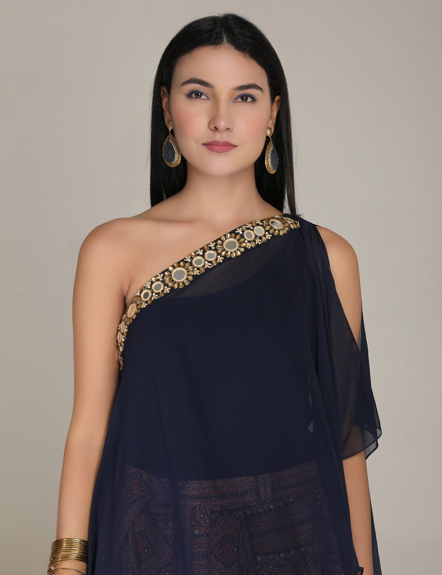 Kutch  Versatile navy Blue Square top with printed drape skirt