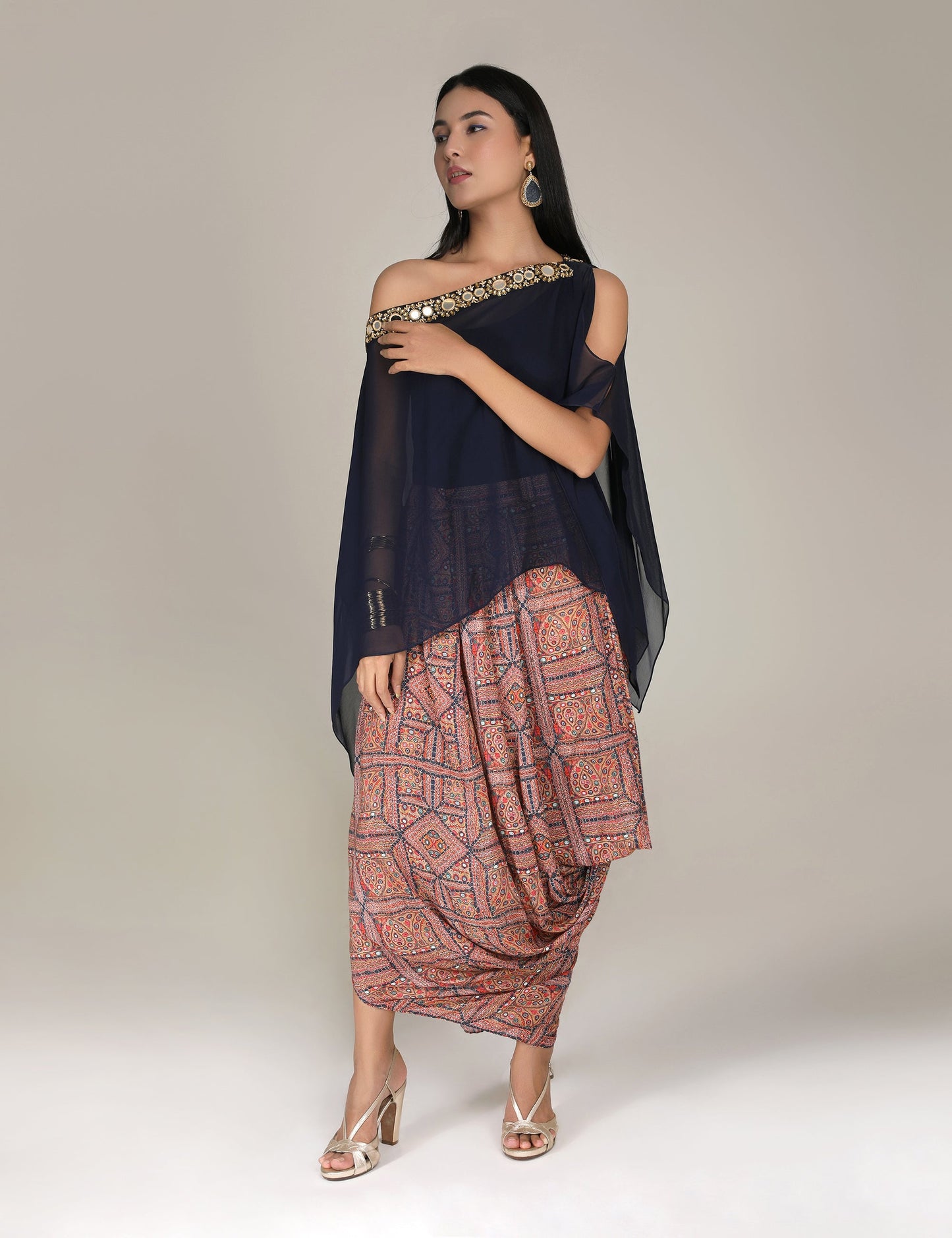 Kutch  Versatile navy Blue Square top with printed drape skirt
