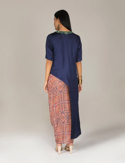 Navy Blue kutch side cut long tunic  with printed drape skirt
