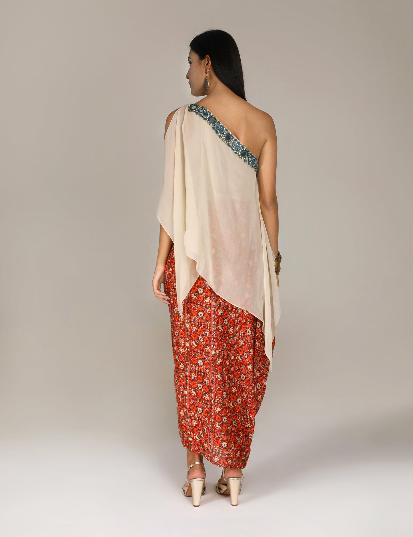 Kutch Versatile beige Square top with printed drape skirt