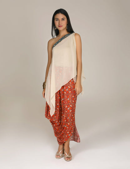Kutch Versatile beige Square top with printed drape skirt