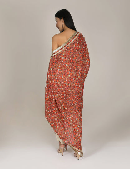 Kutch off shoulder printed drape kaftan with pants beige
