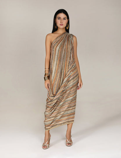 Khaki Phooljhadi Single shoulder drape dress
