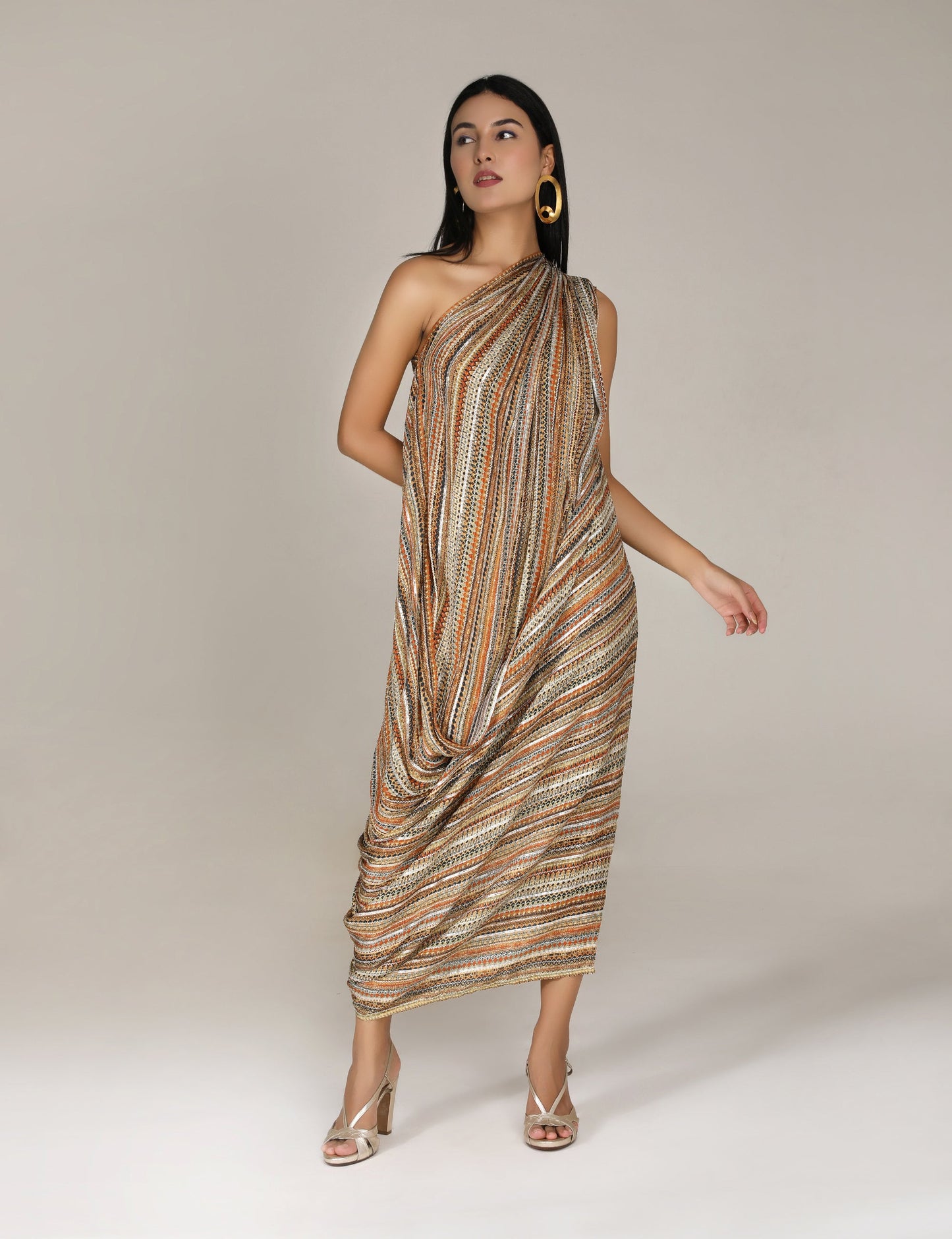 Khaki Phooljhadi Single shoulder drape dress