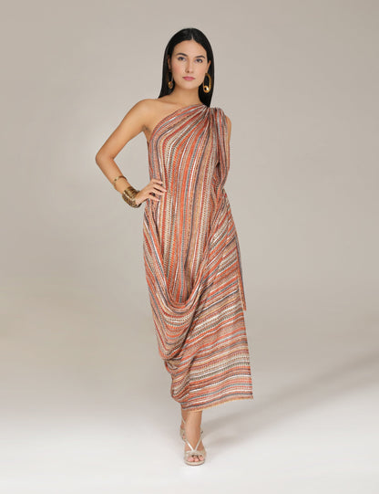 Rust Phooljhadi Single shoulder drape dress