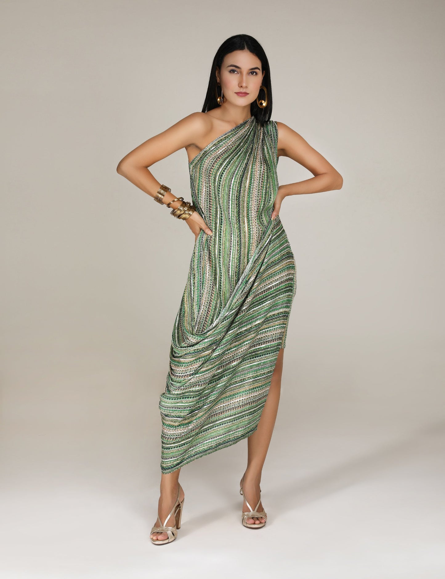 Green Phooljhadi Single shoulder drape dress