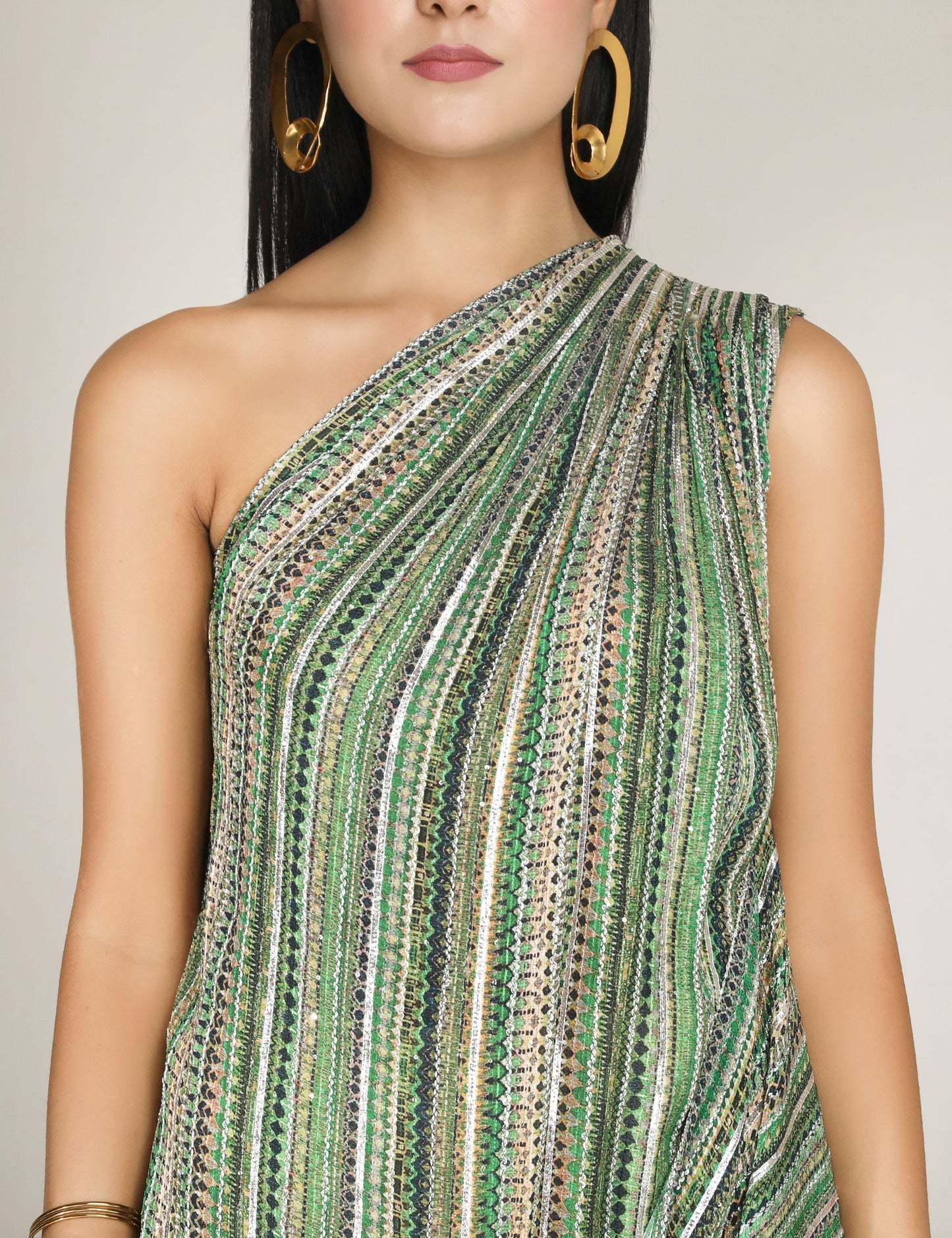Green Phooljhadi Single shoulder drape dress