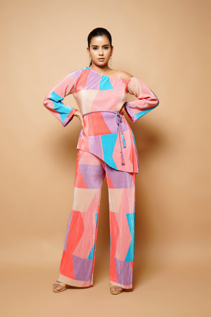 Multicolour Crushed Co-Ord With Belt