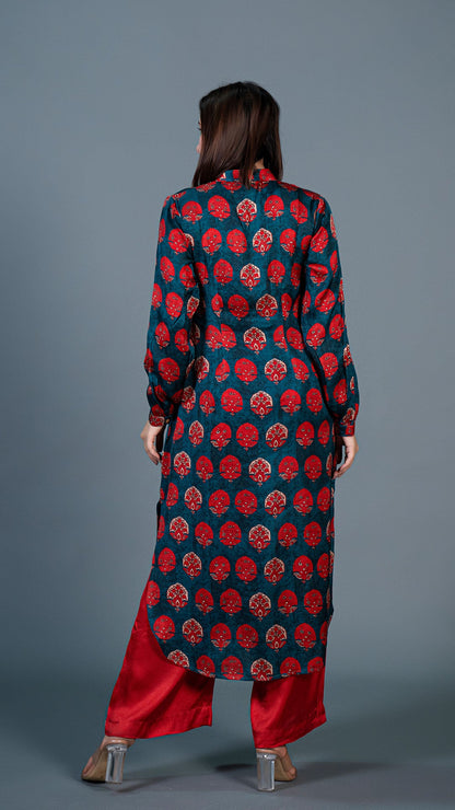 Teal Blue Red Butta Print Kurta In Modal Silk