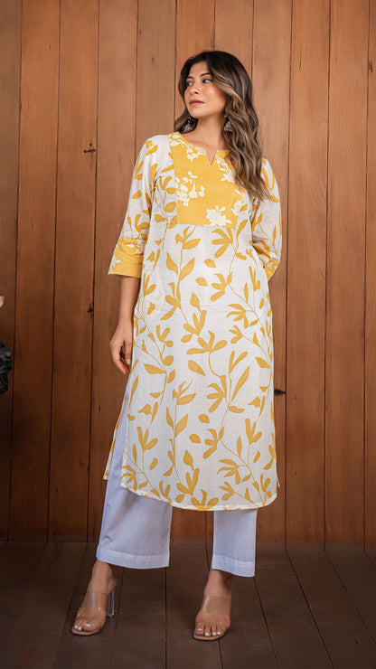 Meha Mul Cotton Kurta - White/Yellow