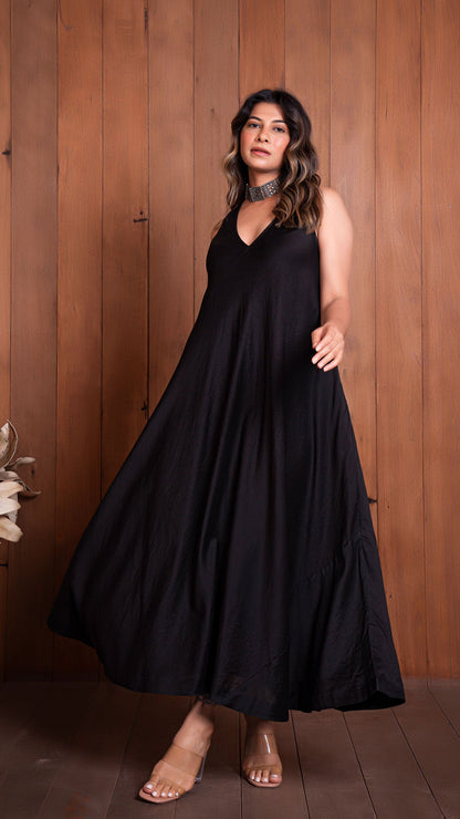Black Halter Neck Flared Dress In Chanderi Silk