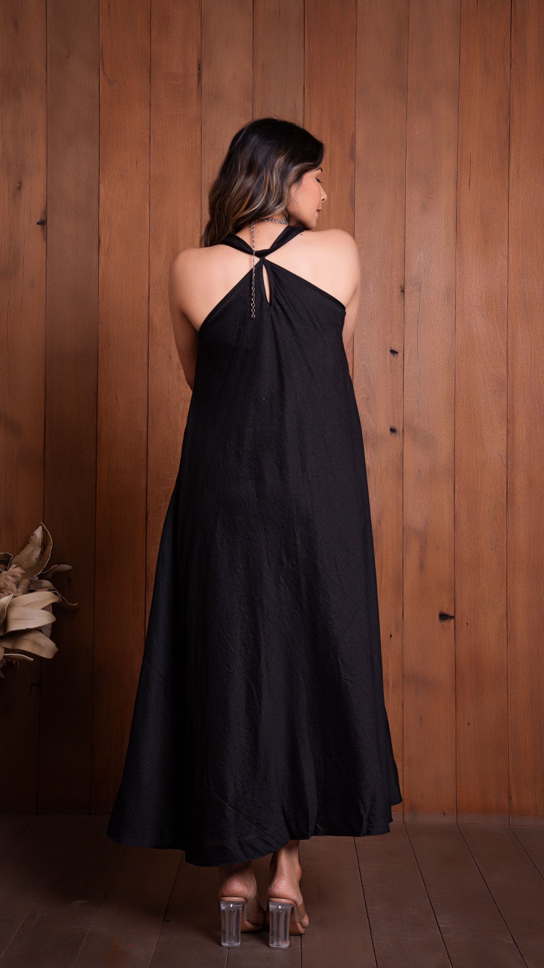 Black Halter Neck Flared Dress In Chanderi Silk