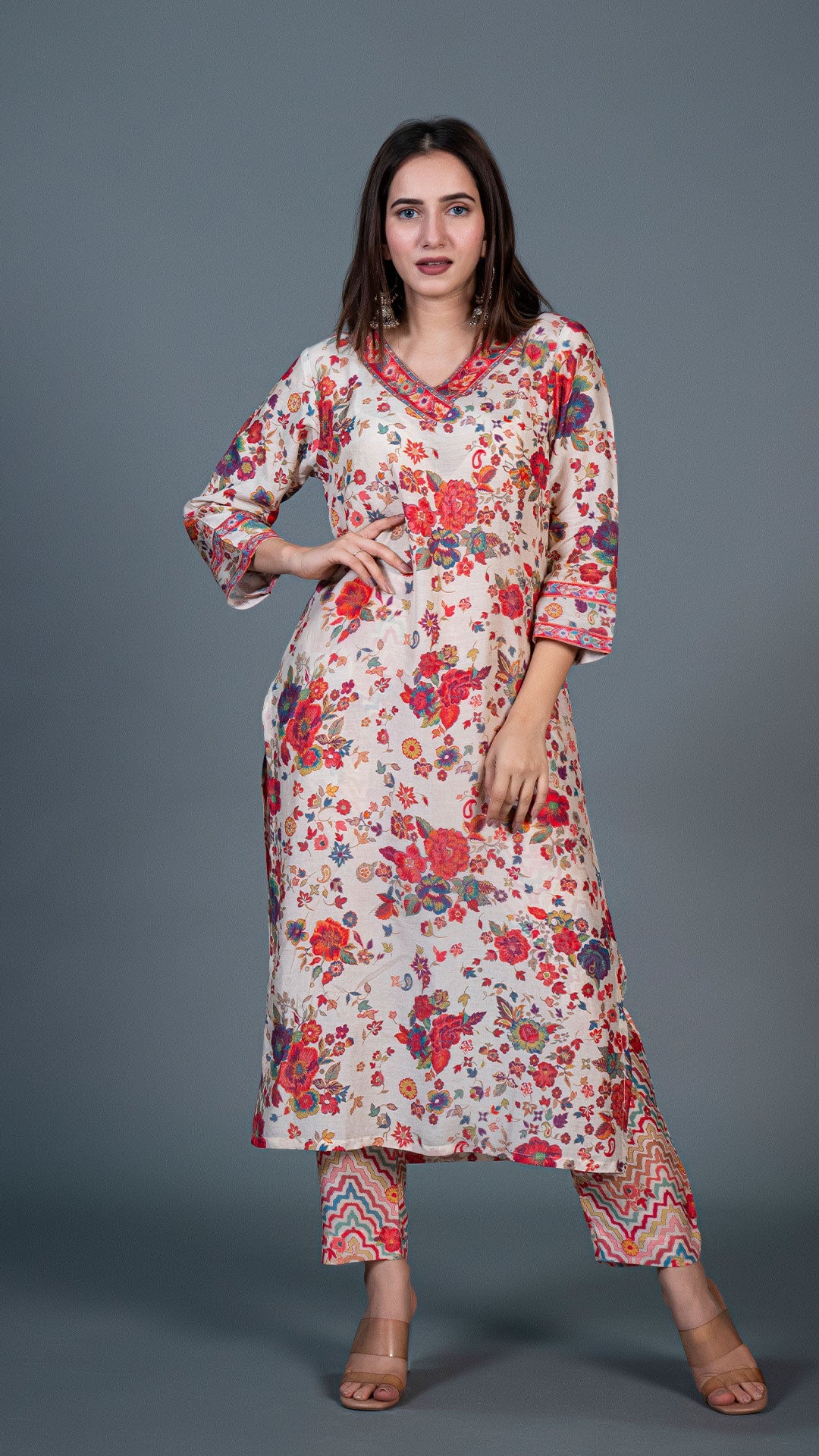 Off White Floral Print Kurta In Cotton Silk