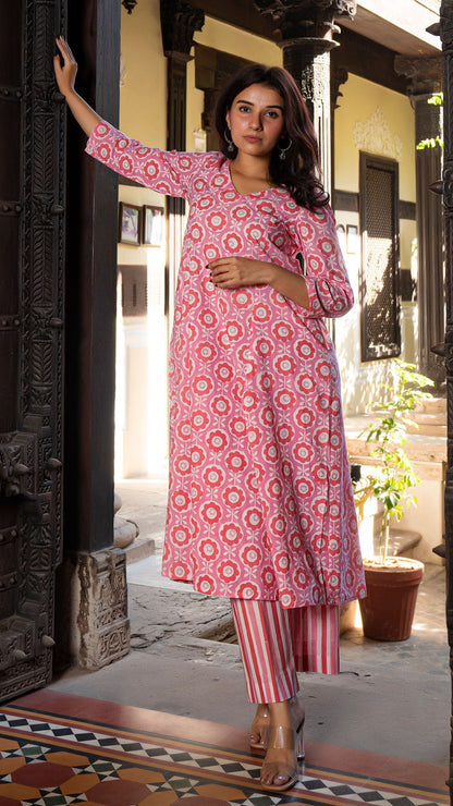 Aaradhya Sanganeri Hand Block Cotton Kurta In Pink