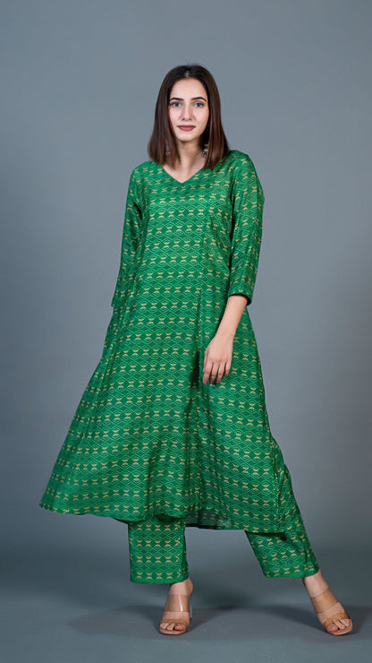 Bright Green Kali Kurta In Cotton Silk
