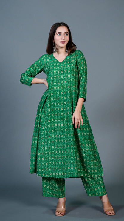 Bright Green Kali Kurta In Cotton Silk
